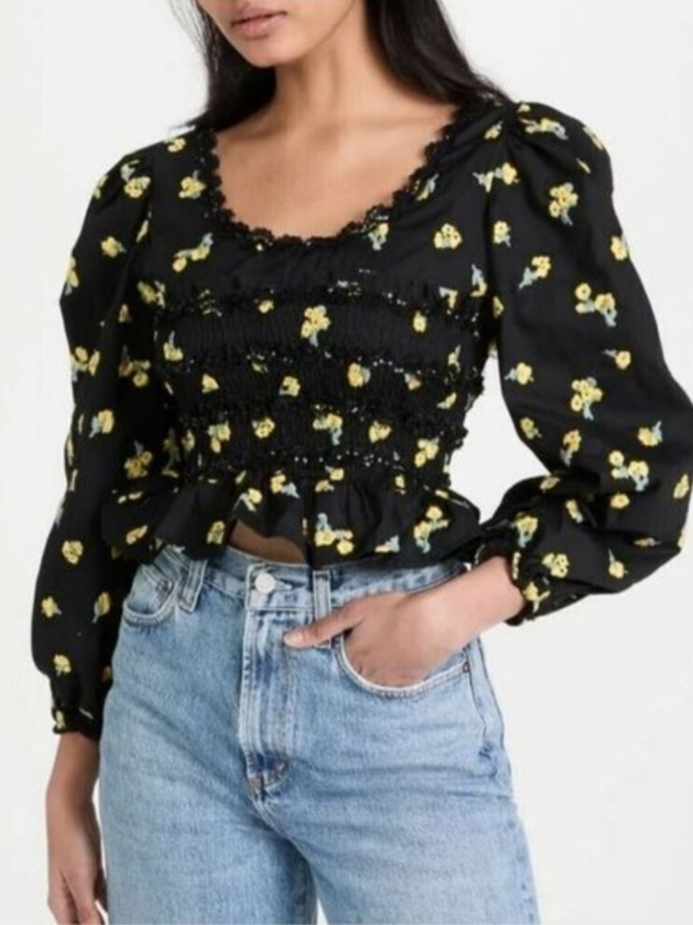 Sister Jane Womens Dream Pasture Floral Embroidered Puff Sleeve Crop Top Large